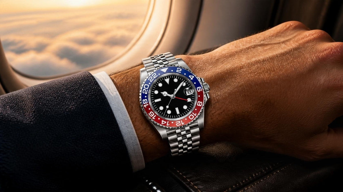 CrownLab GMT Navigator Blue and Red on the wrist on a flight