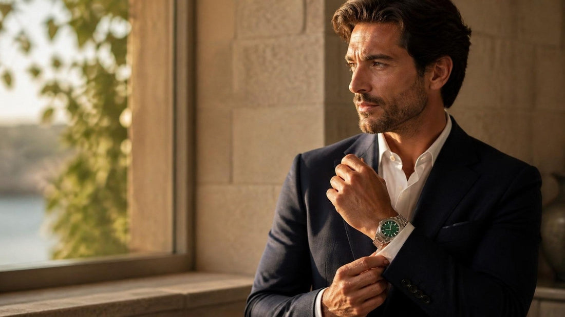 Man in a navy suit wearing the CrownLab Nautiko Forest Green