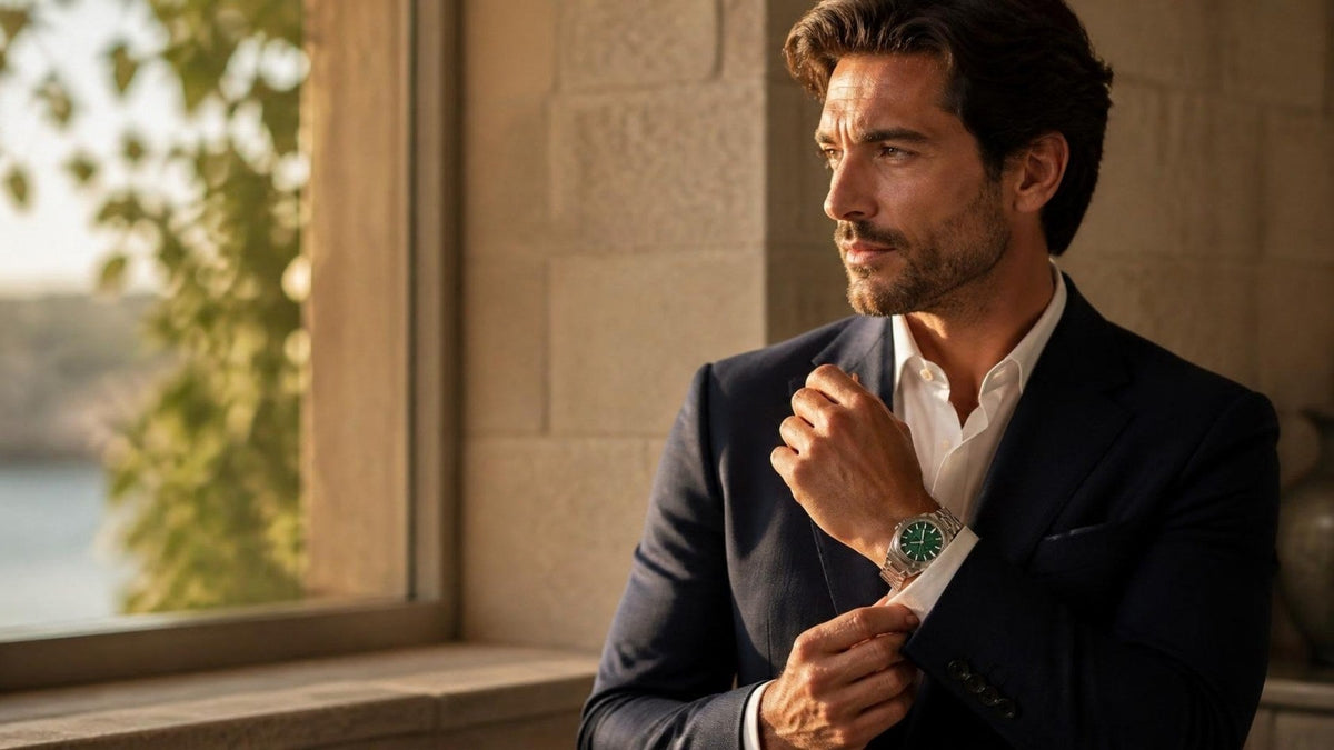 Man in a navy suit wearing the CrownLab Nautiko Forest Green