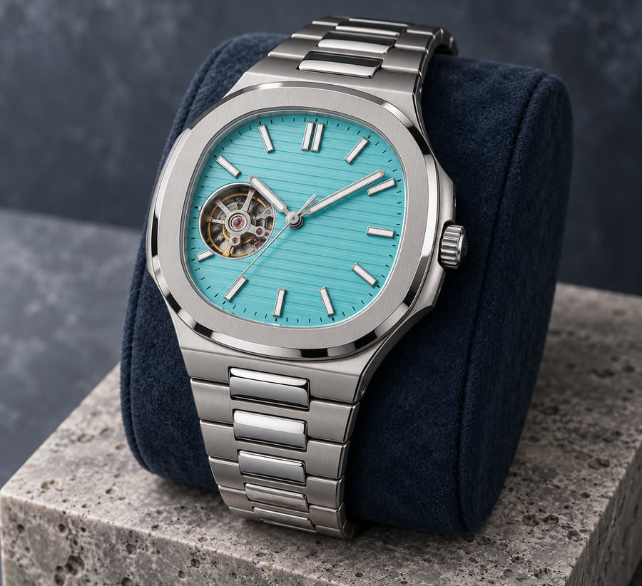 Open Heart Nautiko Aqua watch with visible balance aperture at 9 on midnight-blue suede cushion