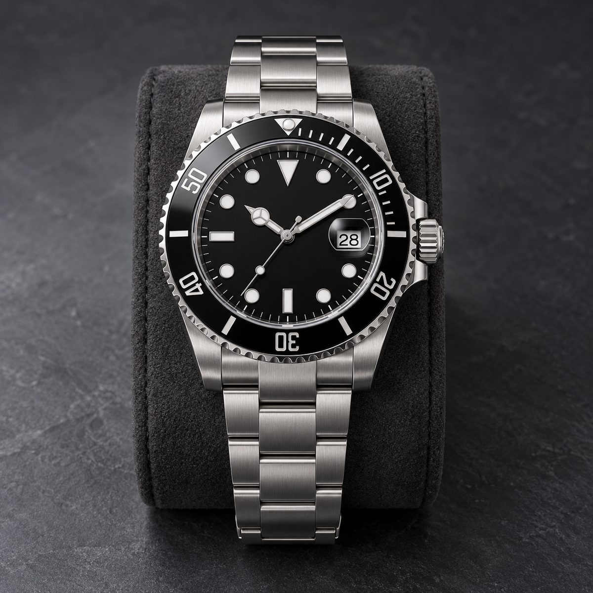 Marine Diver Stealth Black, full Three-Link steel bracelet on a charcoal display cushion