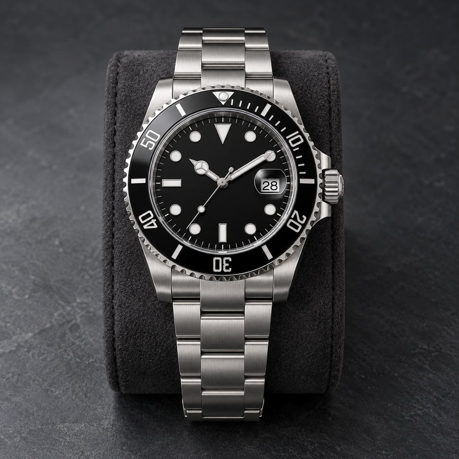 Marine Diver Stealth Black, full Three-Link steel bracelet on a charcoal display cushion