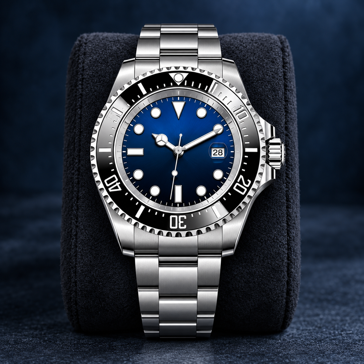 Deep Sea Marine blue-dial automatic watch upright on charcoal suede cushion