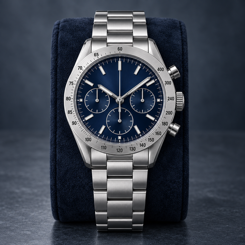 Speedline Silver and Abyss Blue full chronograph with steel bracelet on navy cushion