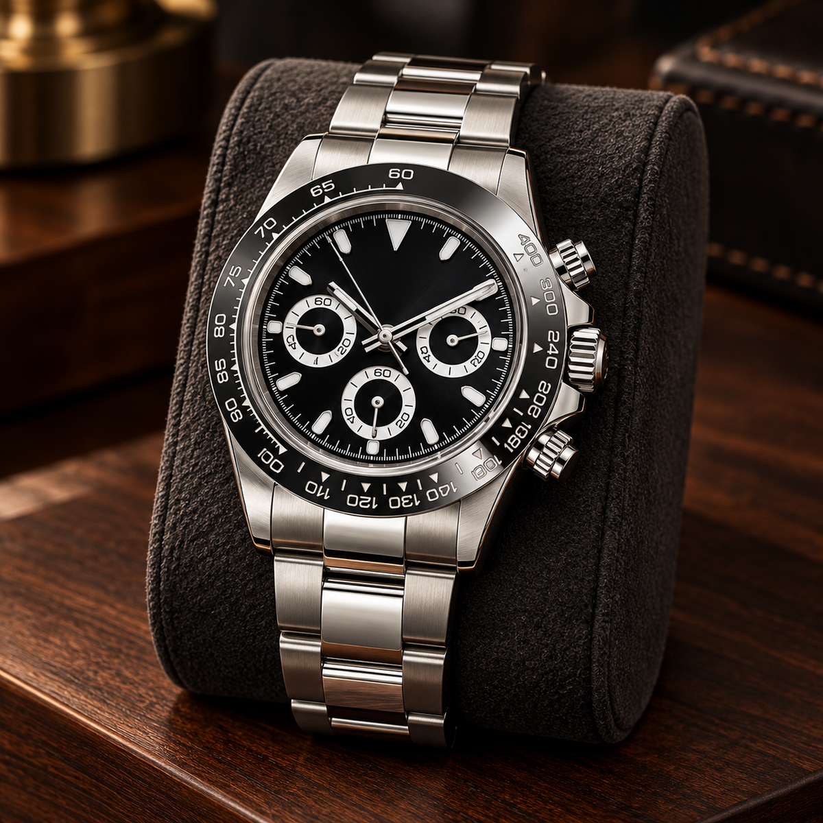 Speedline Chronograph Stealth Black supported on a charcoal suede display cushion over walnut; black tachymeter bezel, three subdials and steel bracelet.