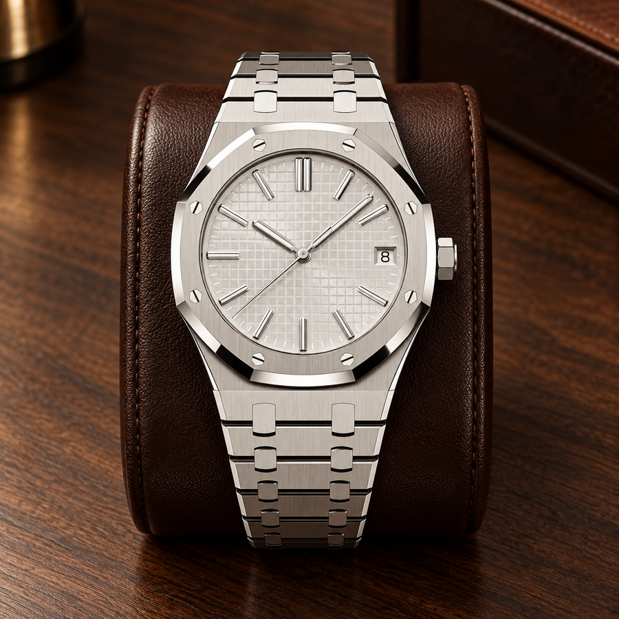 Royal Sportline Ghost White with integrated steel bracelet on a chestnut leather display cushion