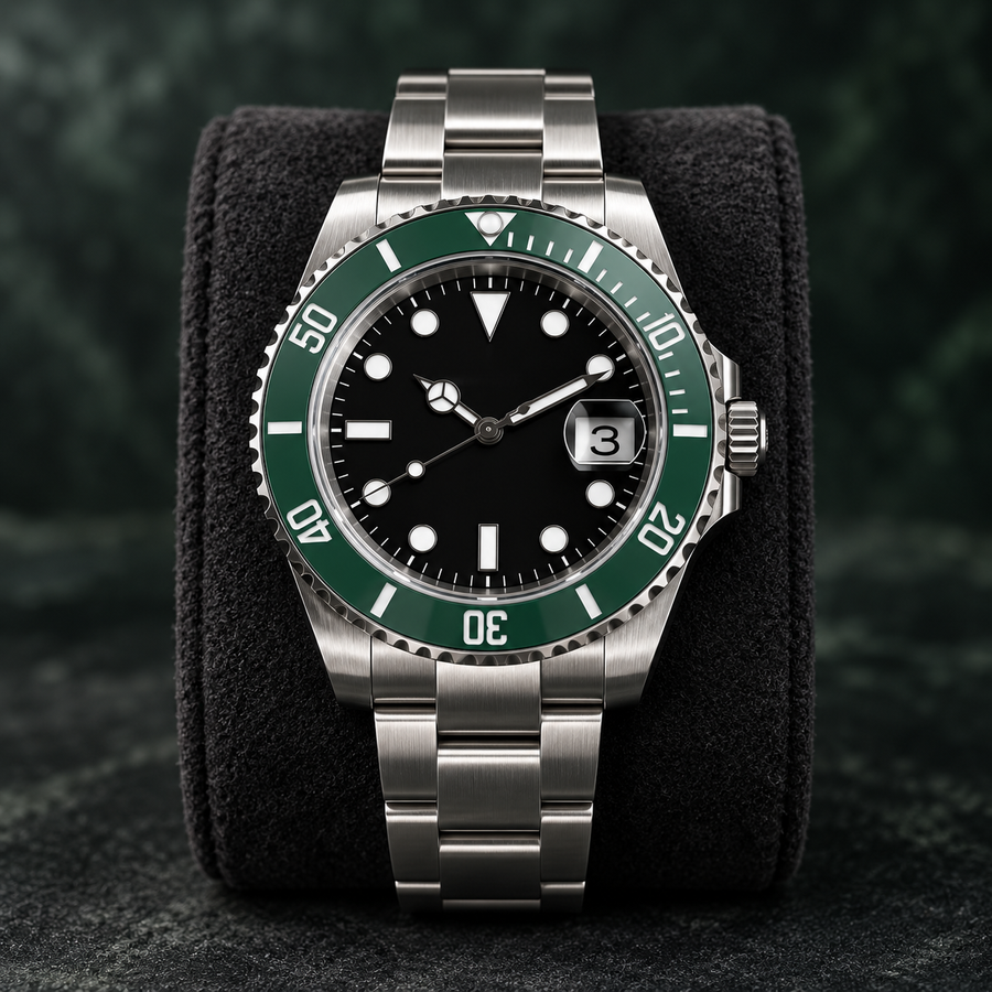 Marine Diver Green Bezel with three-link steel bracelet on charcoal suede cushion