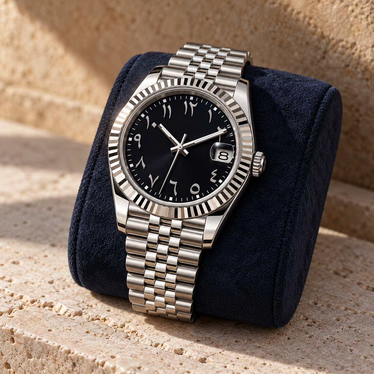 Crownline Date Arabic Stealth Black watch upright on a charcoal suede cushion over green marble; black Arabic dial, fluted bezel and steel bracelet.