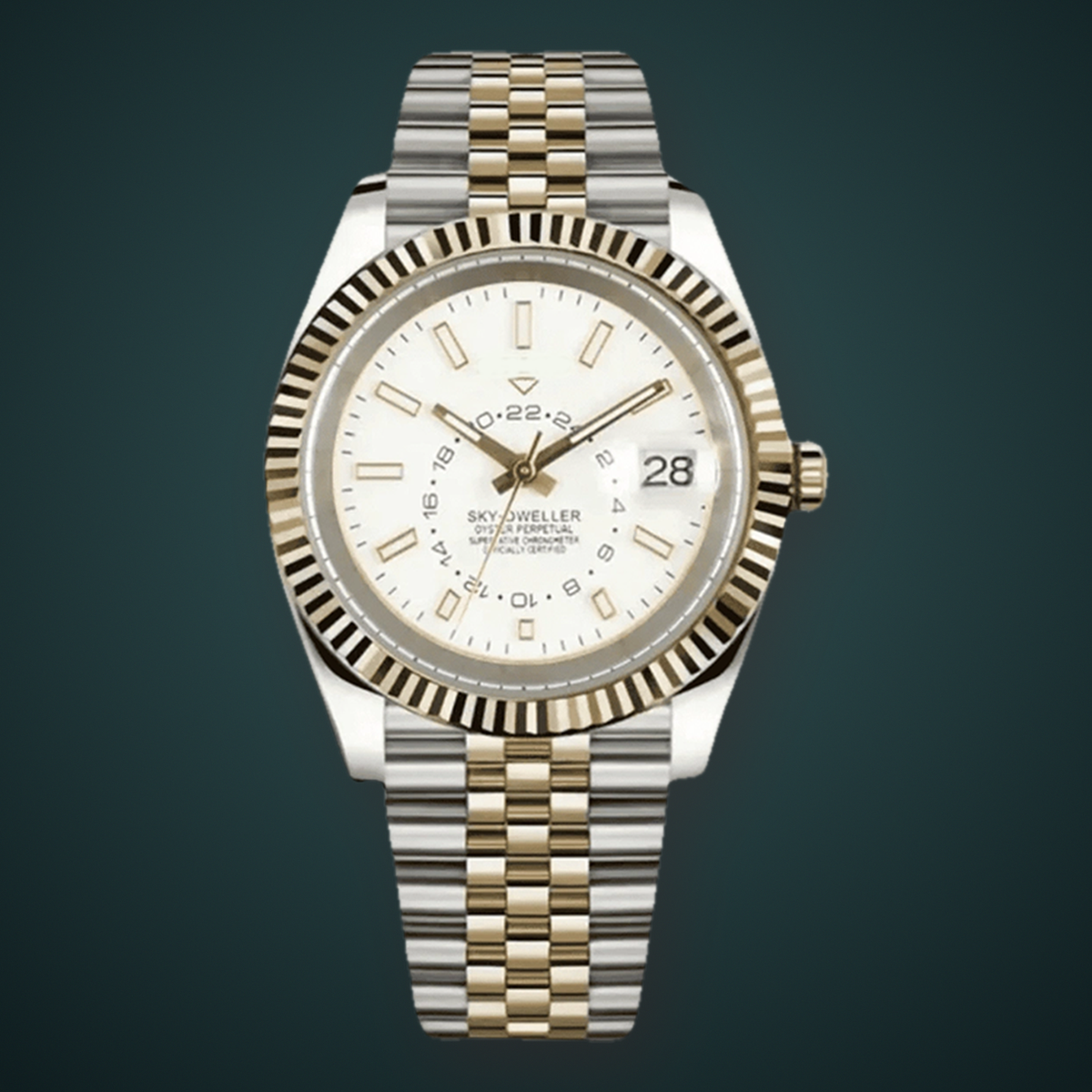 Celestial Calendar Two-Tone White and Gold watch, front view with white dial and silver-and-gold five-link bracelet on a deep teal studio background.