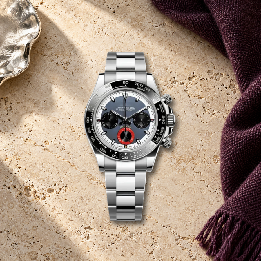 Redline Racer VK63 chronograph on pale limestone and plum wool