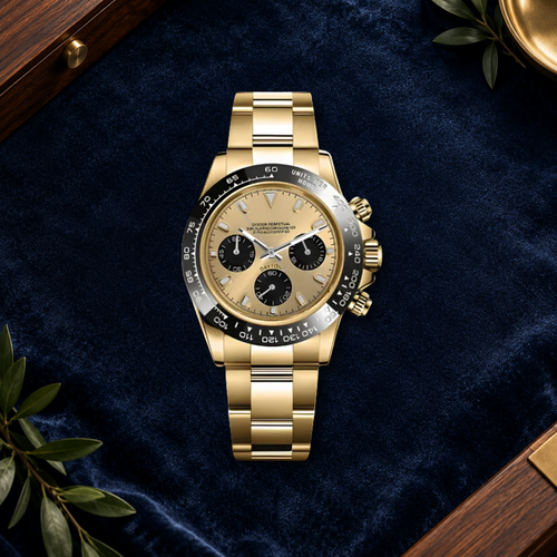 Speedline Gold and Champagne chronograph laid flat on midnight-navy velvet with walnut