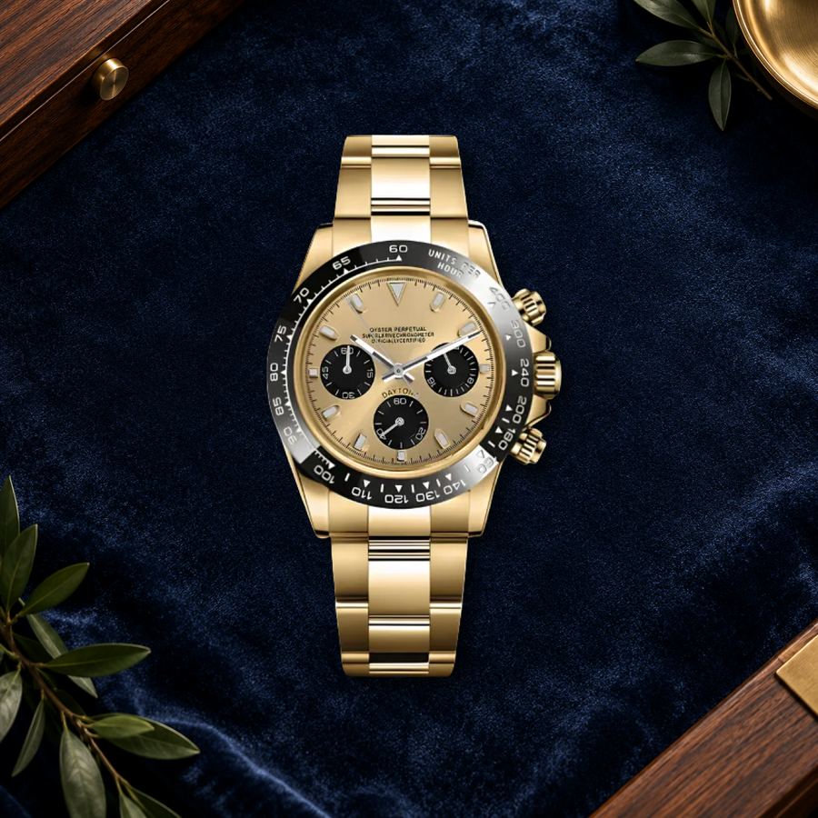 Speedline Gold and Champagne chronograph laid flat on midnight-navy velvet with walnut