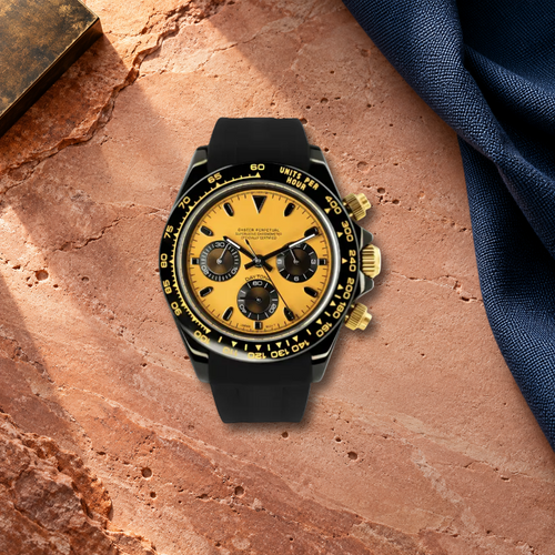 Sahara Racer VK63 chronograph on rose sandstone and indigo canvas