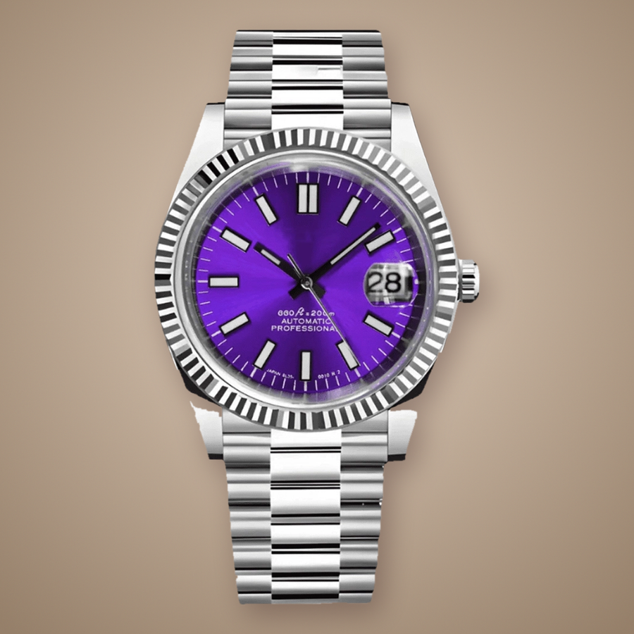 Crownline Date Violet Purple watch, front view with violet dial and stainless steel bracelet on a sand studio background.