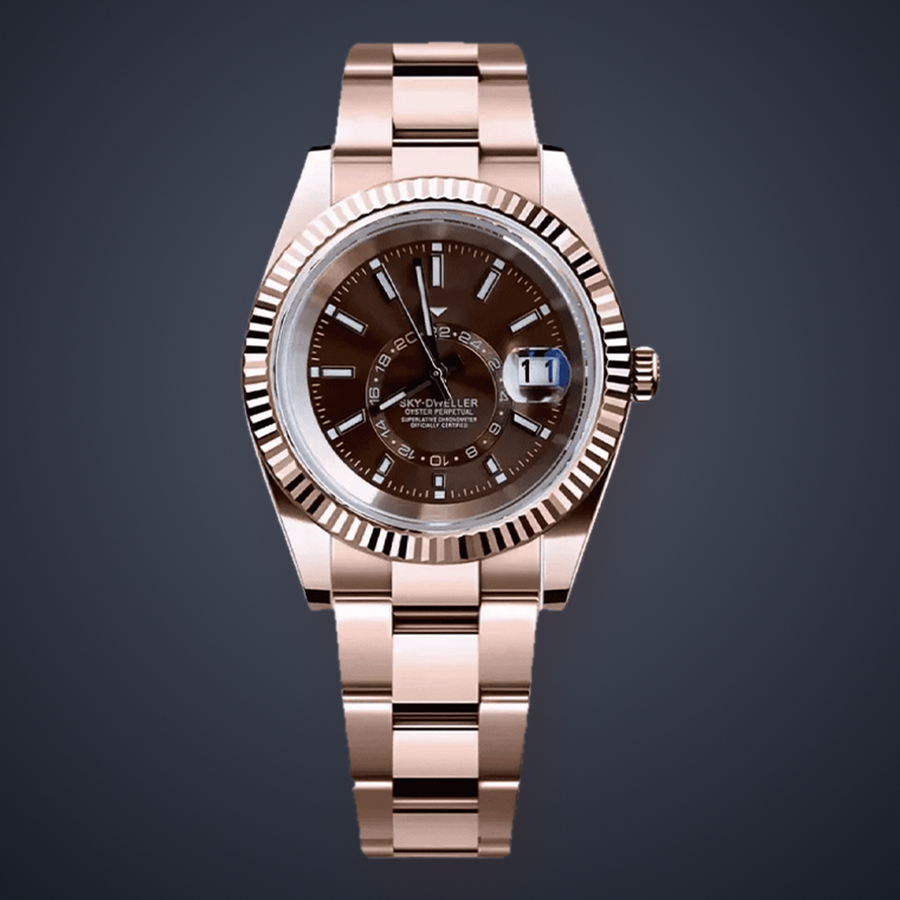 Celestial Calendar Rose Gold and Champagne watch, front view with champagne-brown dial and rose-gold three-link bracelet on a slate studio background.