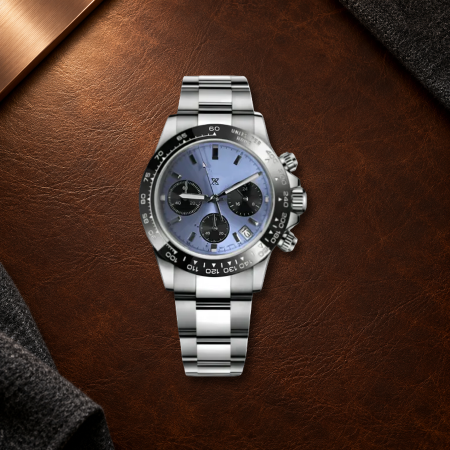 Speedline Glacier Racer chronograph laid flat on tobacco leather with copper and charcoal accents
