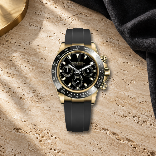 Gold & Black VK63 chronograph on ivory travertine with black wool