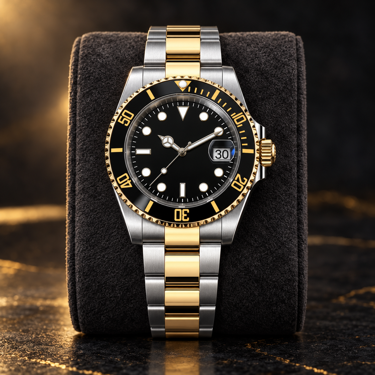 Marine Diver Imperial Gold two-tone watch with three-link bracelet on charcoal suede cushion