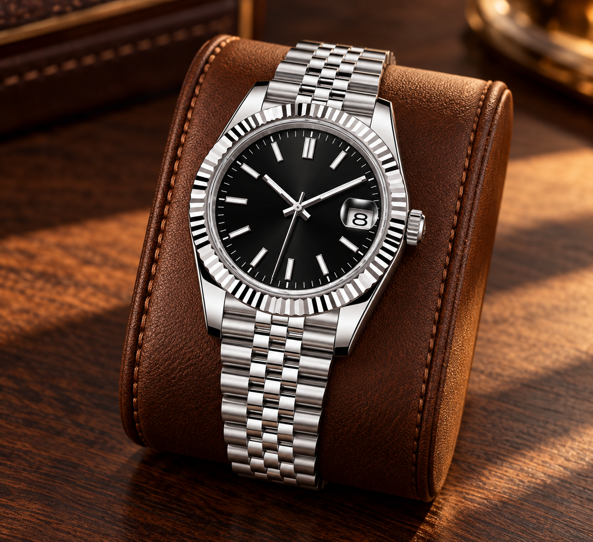 Crownline Date Stealth Black with Jubilee bracelet on an espresso-brown leather display cushion