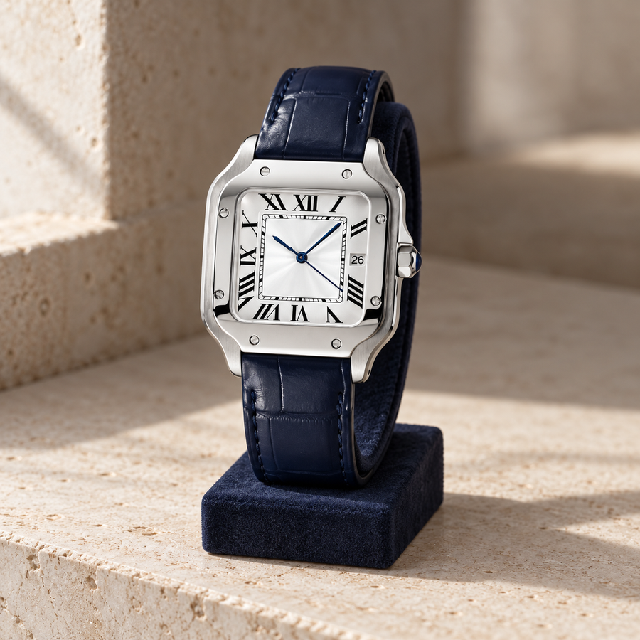 Santé Square Classic White & Blue Leather watch upright on a navy suede stand over limestone; white Roman dial and blue leather strap.