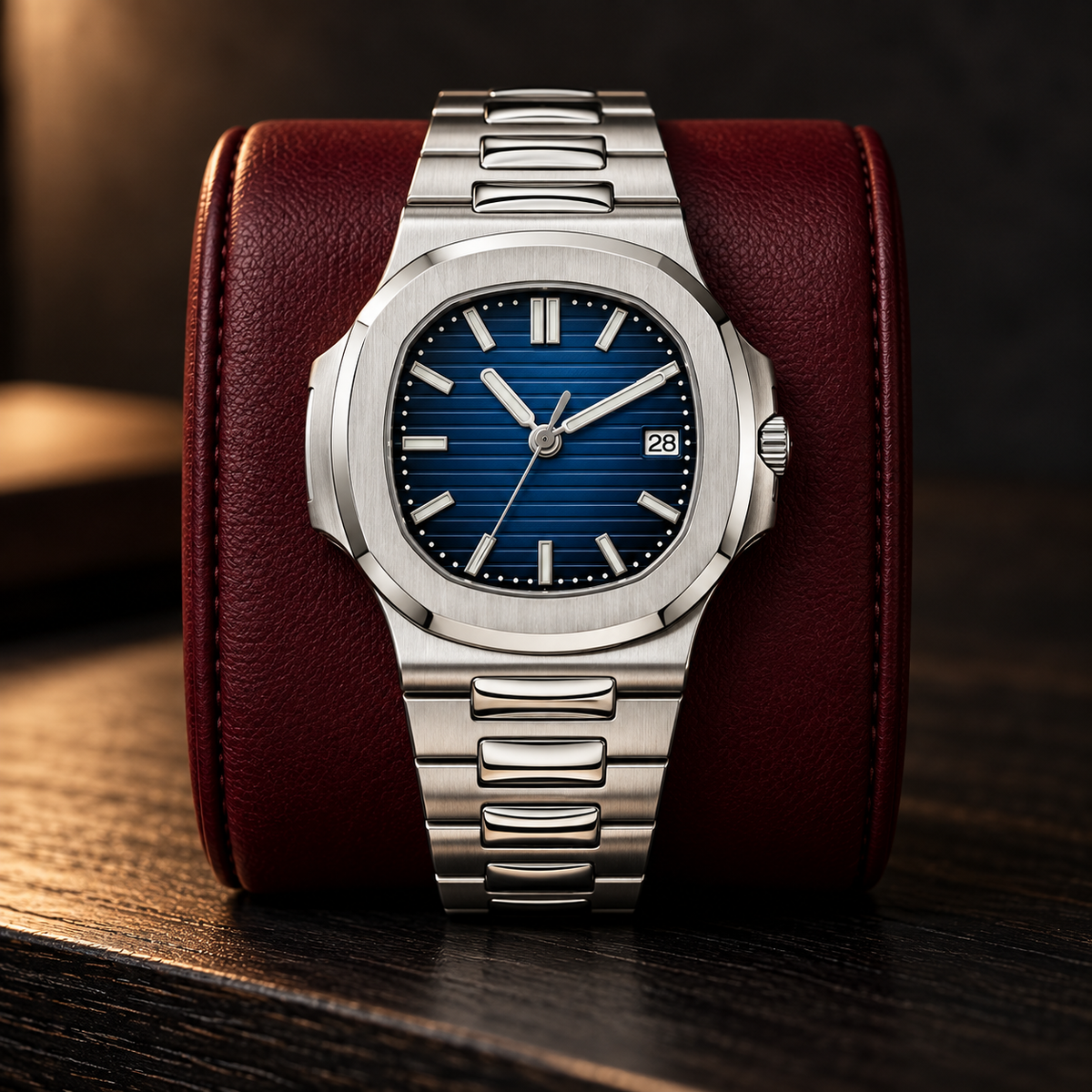 Nautiko Abyss Blue with integrated steel bracelet upright on an oxblood leather display cushion