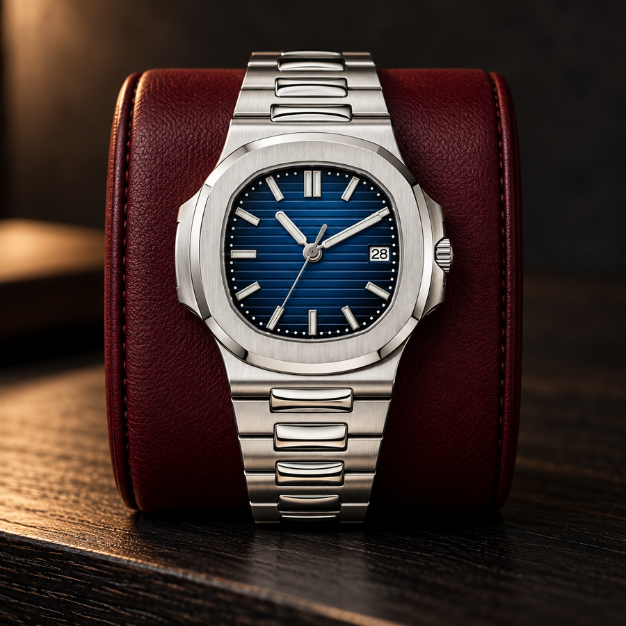 Nautiko Abyss Blue with integrated steel bracelet upright on an oxblood leather display cushion