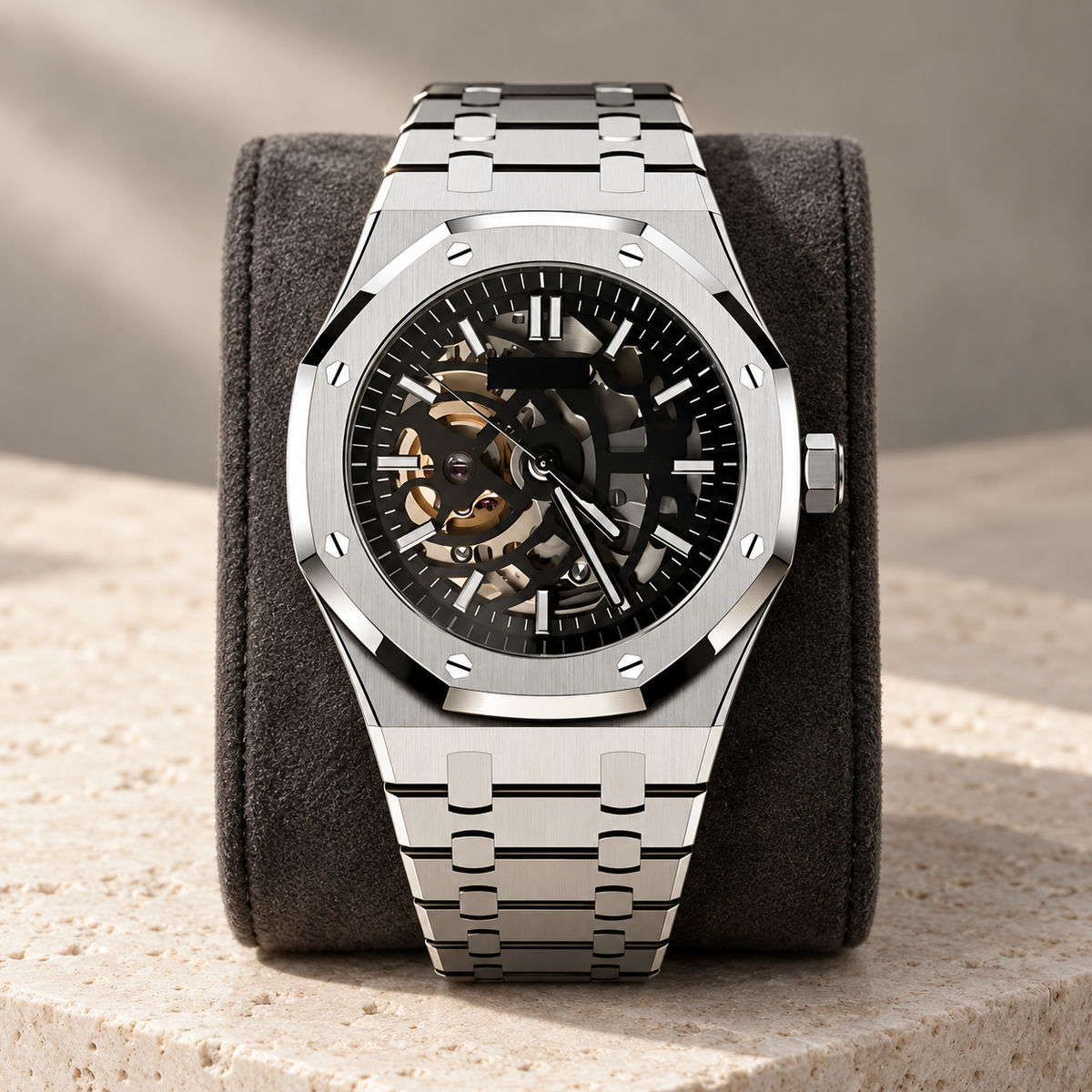 Royal Sportline Skeleton watch with octagonal steel bezel and open-work black dial on a charcoal suede cushion