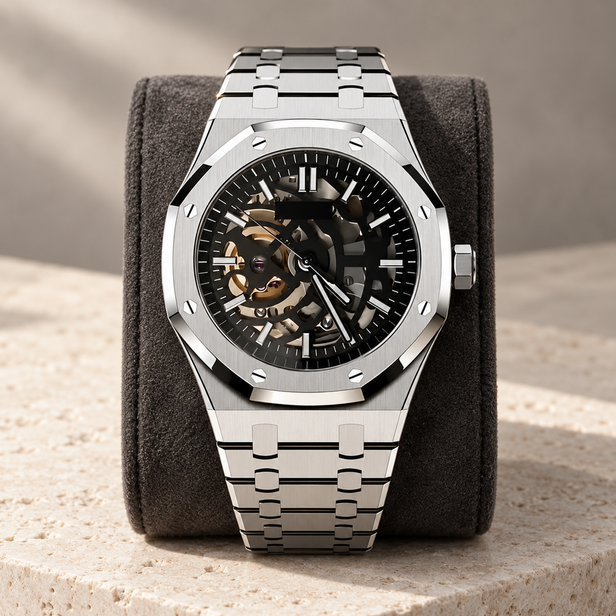 Royal Sportline Skeleton watch with octagonal steel bezel and open-work black dial on a charcoal suede cushion