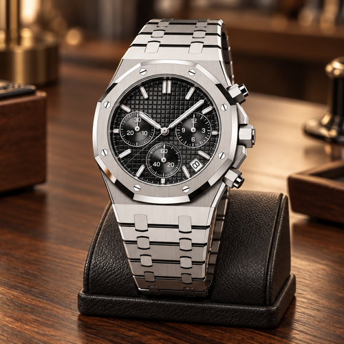 Royal Sportline Stealth Black silver chronograph upright on a graphite leather watch cushion against warm walnut