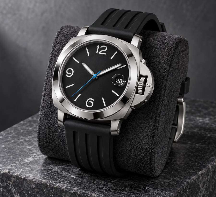 Cushion Classic Stealth Black watch with blue seconds hand on graphite suede cushion