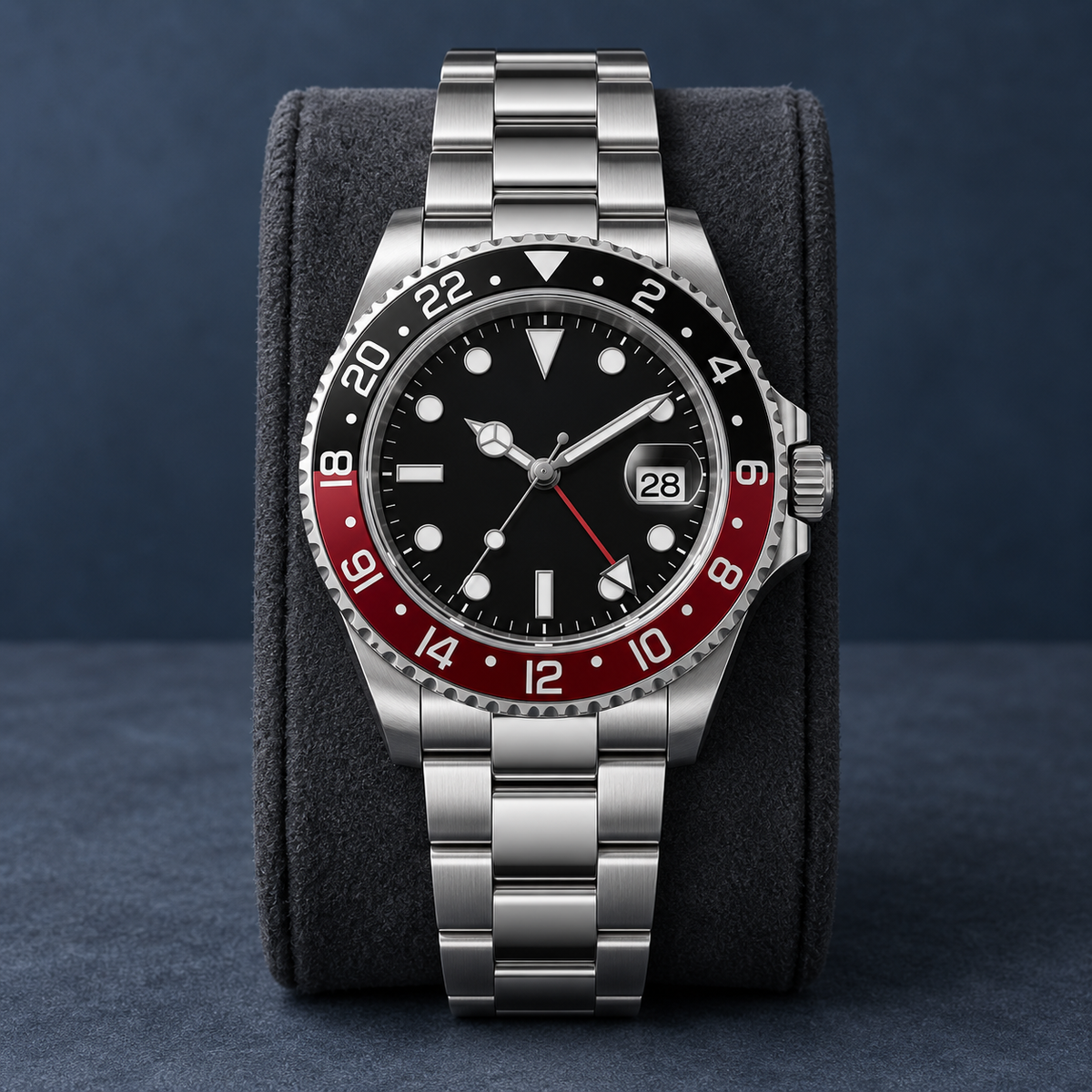 GMT Navigator Red and Black full watch with Three-Link steel bracelet on graphite display cushion
