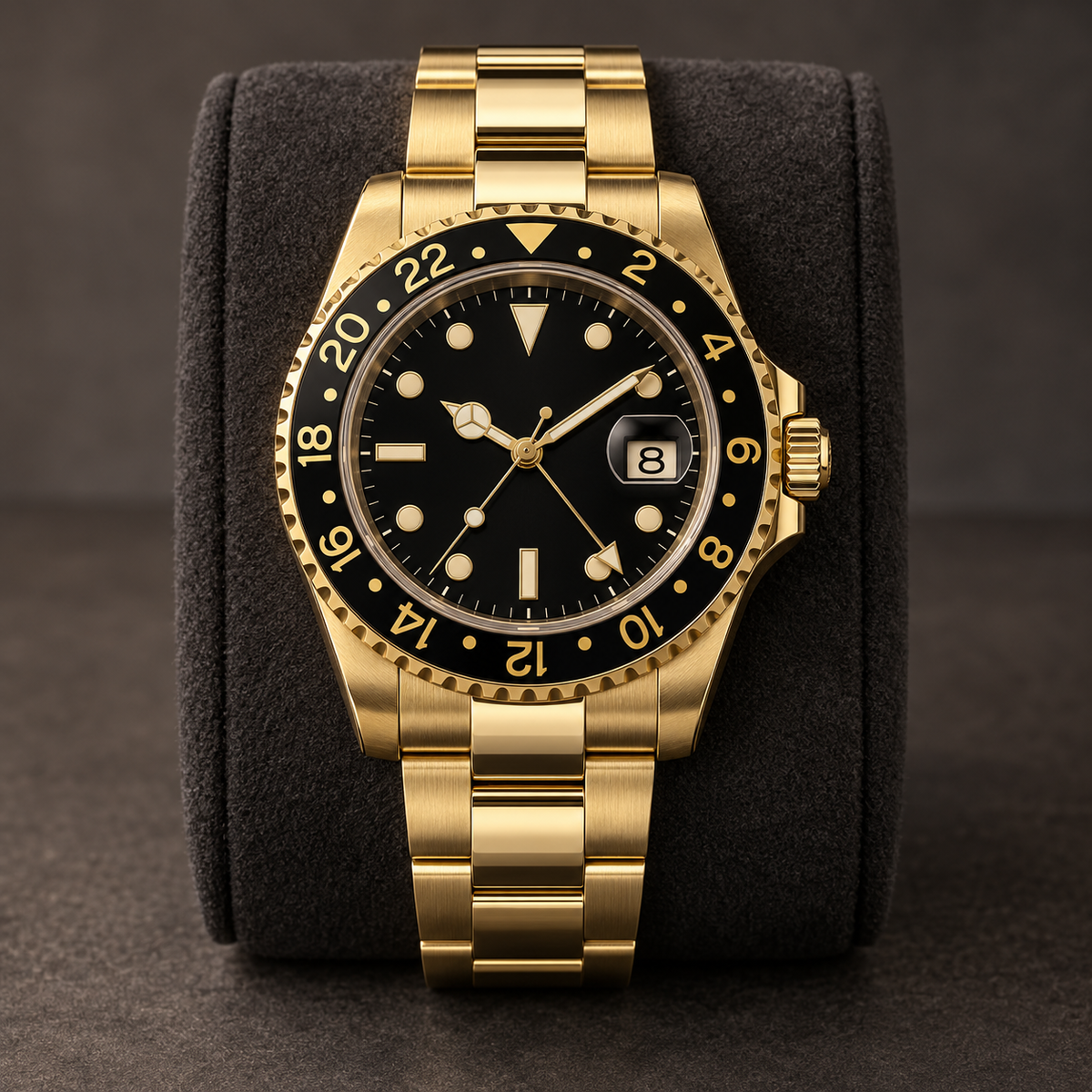 GMT Navigator Imperial Gold full black-dial watch with gold Three-Link bracelet on charcoal cushion