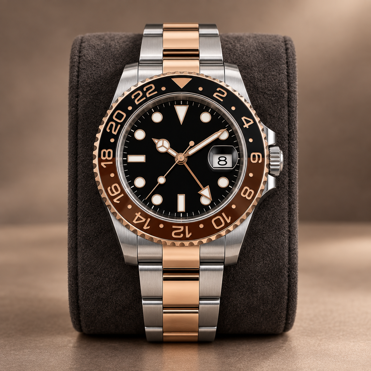 GMT Navigator Brown and Black full watch with Two-Tone Three-Link bracelet on suede cushion