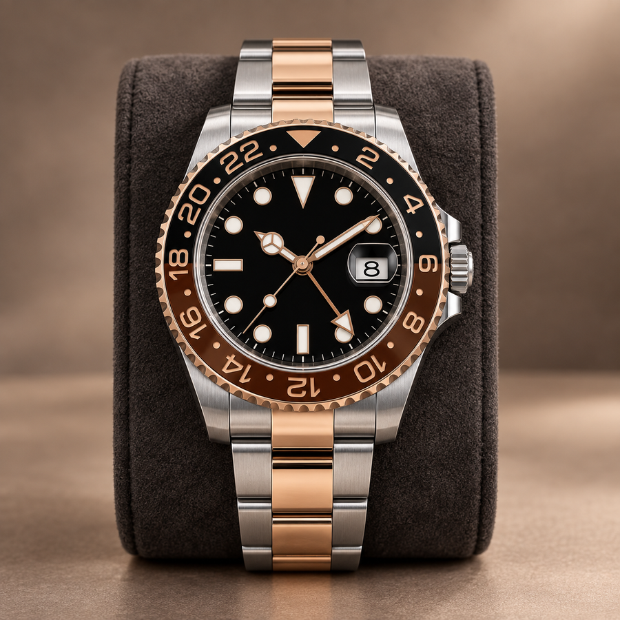GMT Navigator Brown and Black full watch with Two-Tone Three-Link bracelet on suede cushion