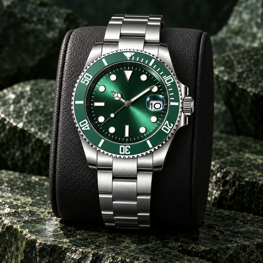 Marine Diver Emerald Green with Three-Link steel bracelet on charcoal leather over moss stone