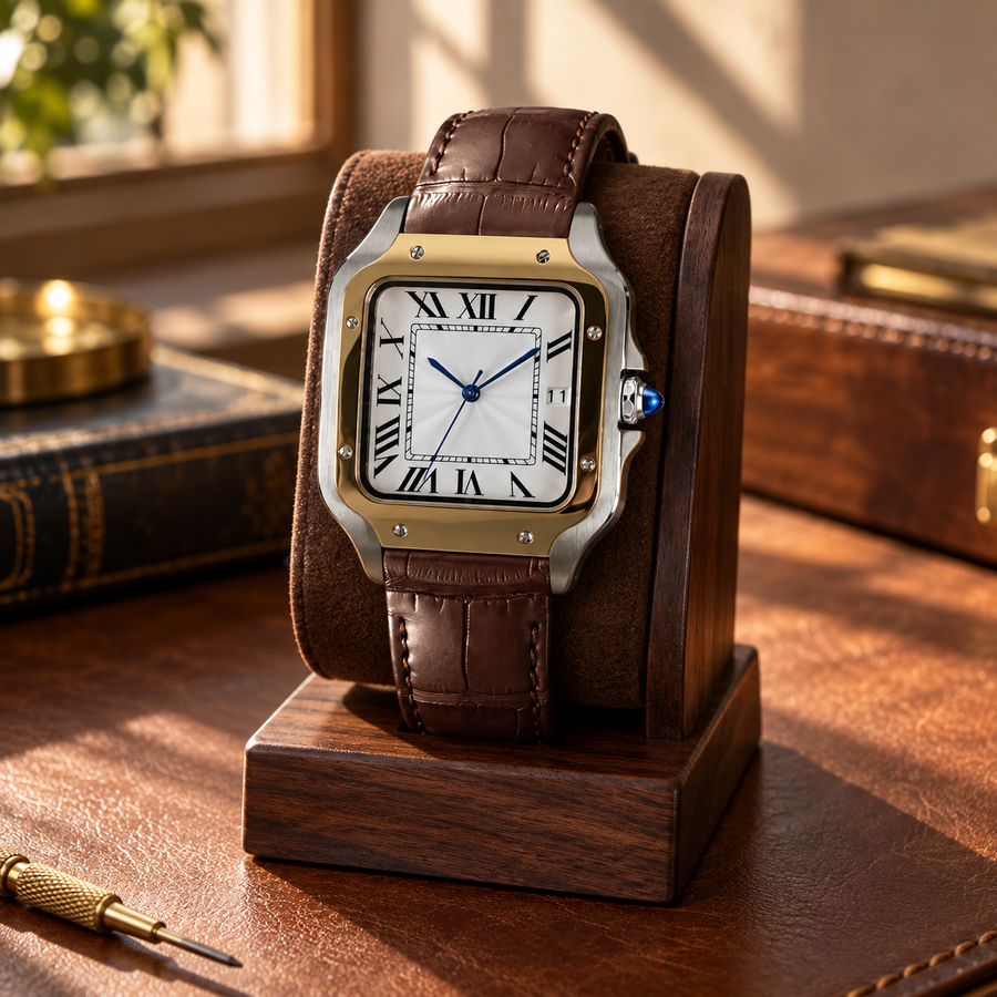 Santé Square Two-Tone Gold & Brown watch upright on a walnut display stand; white Roman dial, gold-tone bezel and brown leather strap.