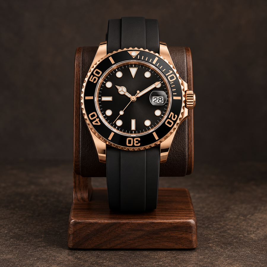 Yachtline Rose Gold Sport full watch on walnut stand, black dial and black rubber strap