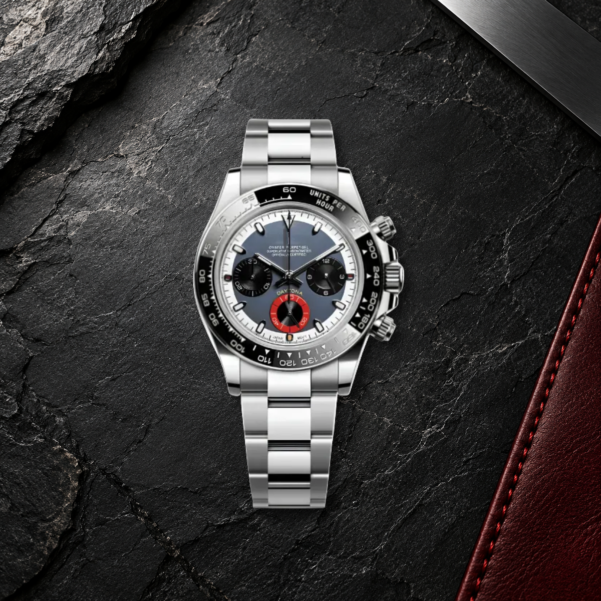 Redline Racer VK63 chronograph on charcoal basalt and oxblood leather