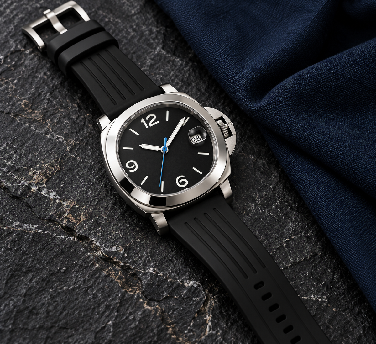 Cushion Classic Stealth Black laid diagonally on dark basalt with grooved rubber strap
