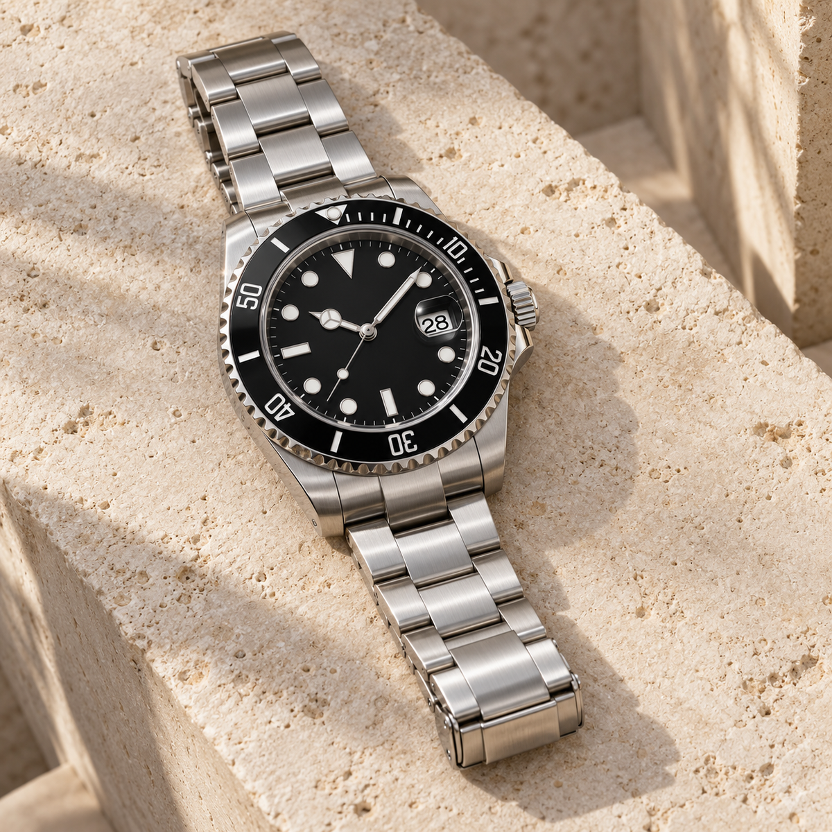 Marine Diver Stealth Black with Three-Link steel bracelet laid on pale limestone