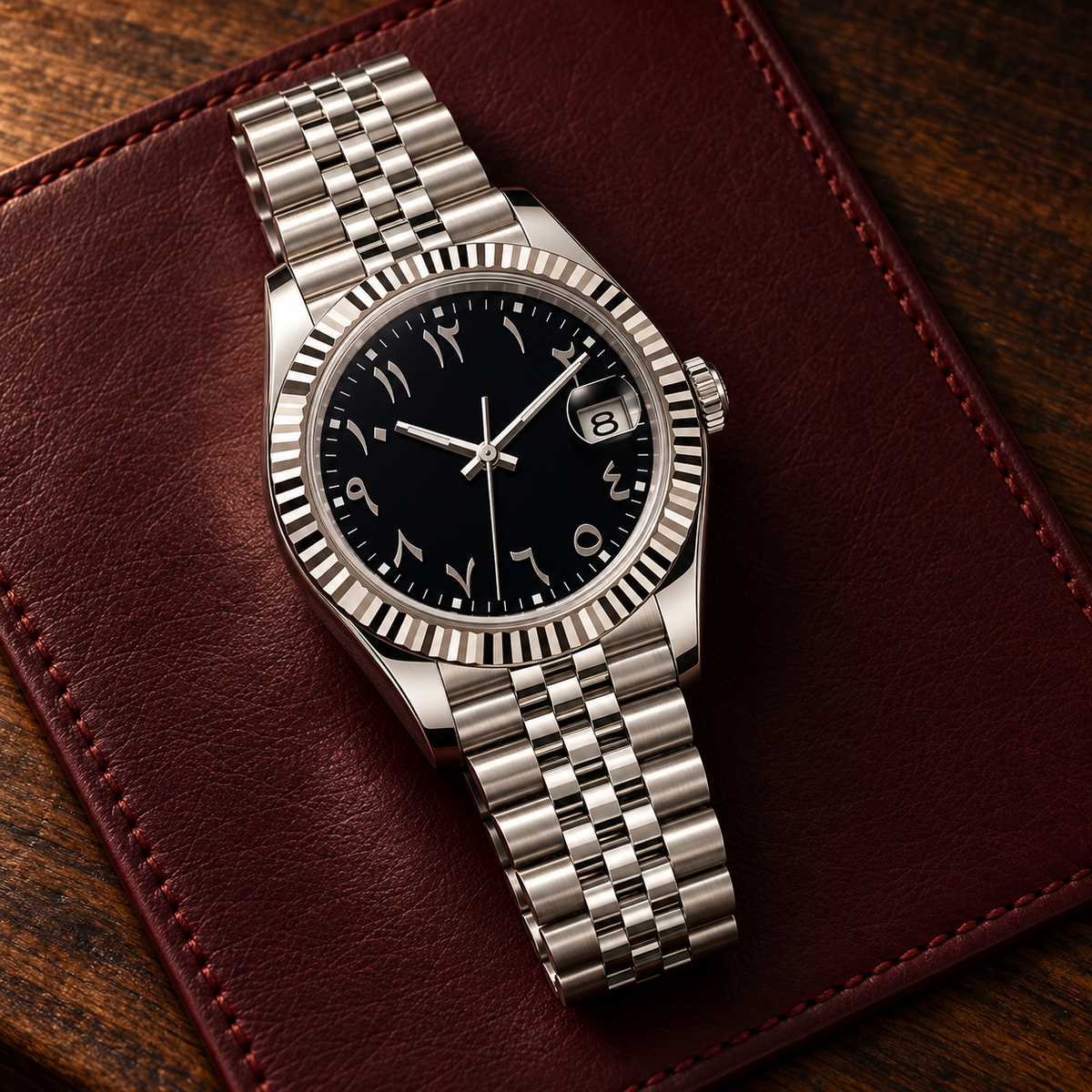 Crownline Date Arabic Stealth Black laid diagonally on a burgundy leather watchmaker's mat; Arabic numeral dial and Jubilee-style steel bracelet.