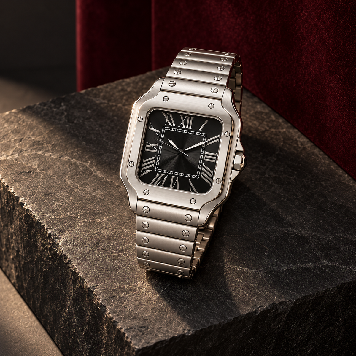 Santé Square Black Burst black dial steel watch resting on slate with burgundy background