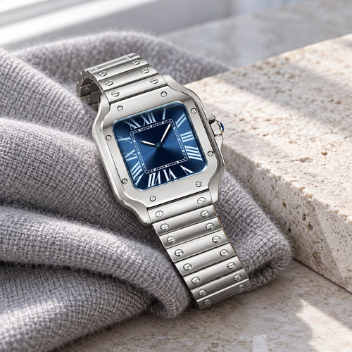 Santé Square Blue Burst steel watch with blue sunburst dial resting on cashmere and limestone
