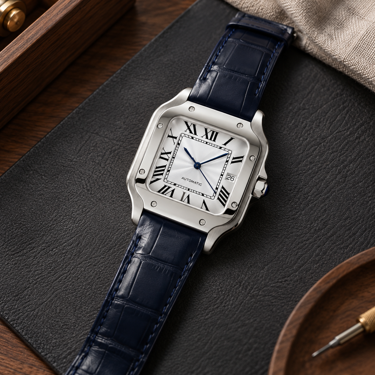 Santé Square Classic White & Blue Leather watch laid diagonally on a charcoal watchmaker's mat over walnut, with its navy strap and date dial visible.