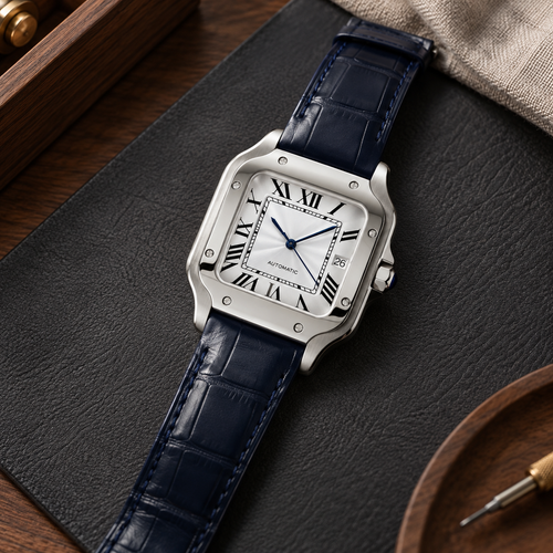 Santé Square Classic White & Blue Leather watch laid diagonally on a charcoal watchmaker's mat over walnut, with its navy strap and date dial visible.