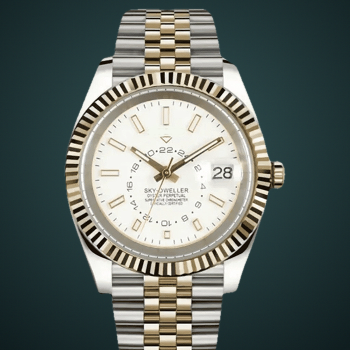 Close-up of the white dial, calendar scale, magnified date window, and two-tone fluted bezel on the Celestial Calendar.