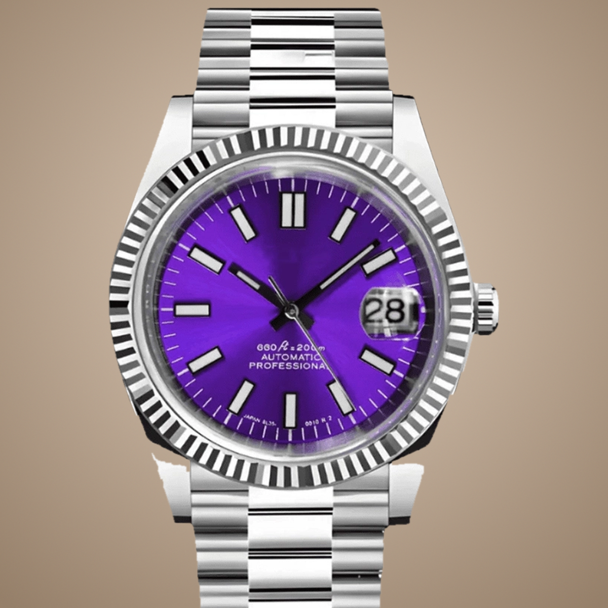 Close-up of the violet-purple dial, magnified date window, and fluted stainless steel bezel on the Crownline Date.