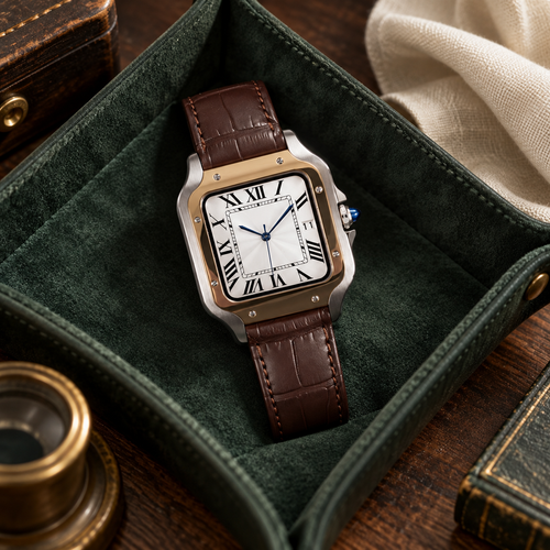 Santé Square Two-Tone Gold & Brown watch laid on a forest-green suede valet tray, showing its Roman dial and brown leather strap.