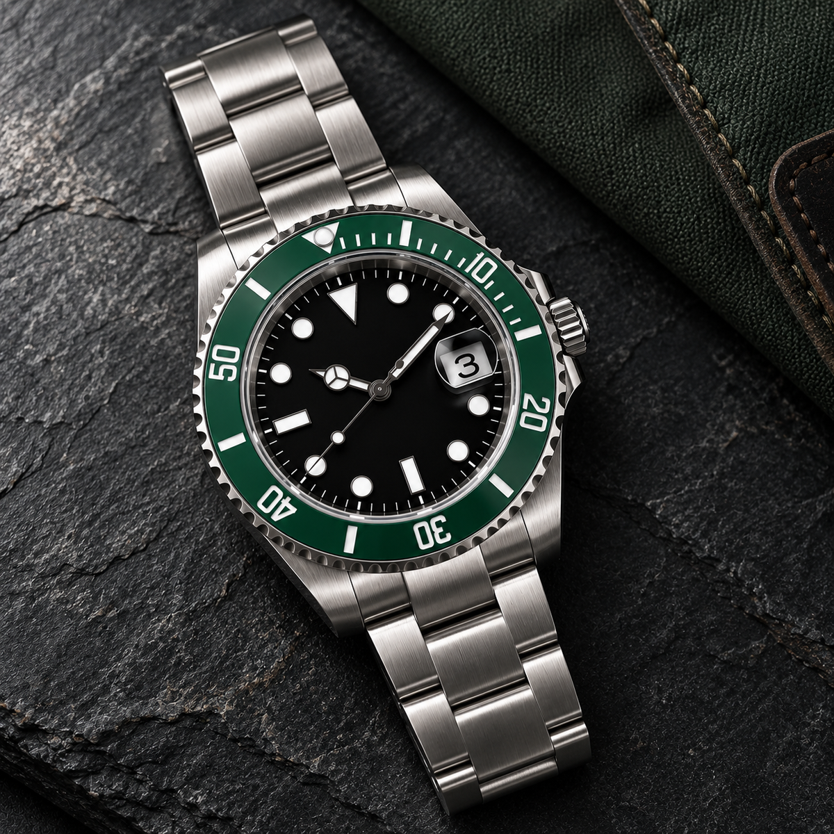Marine Diver Green Bezel with three-link steel bracelet laid on graphite slate