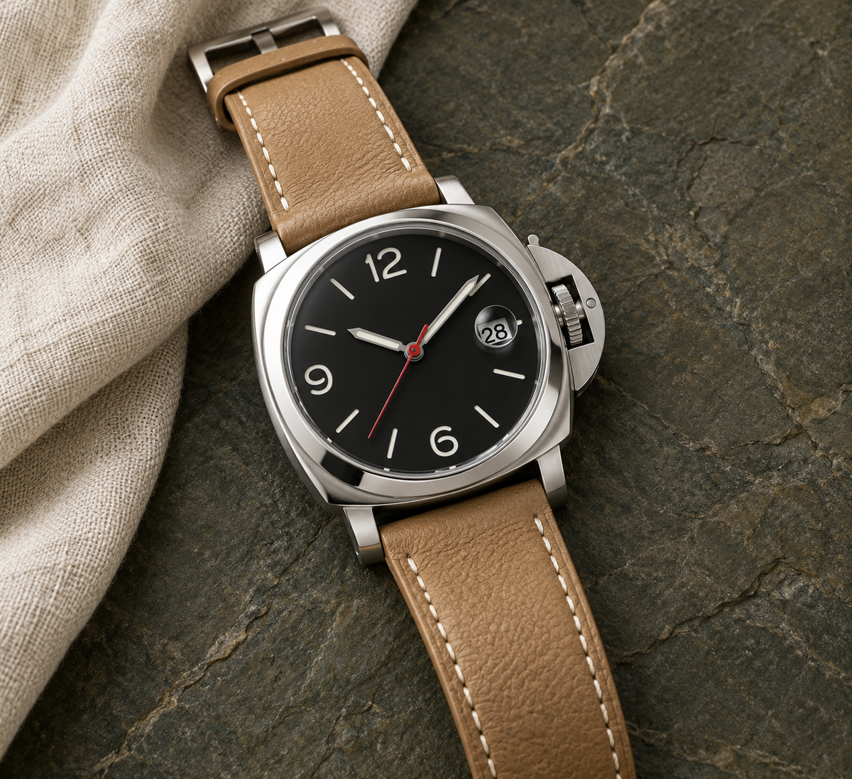 Cushion Classic Sand watch laid diagonally on olive-gray slate with cream linen